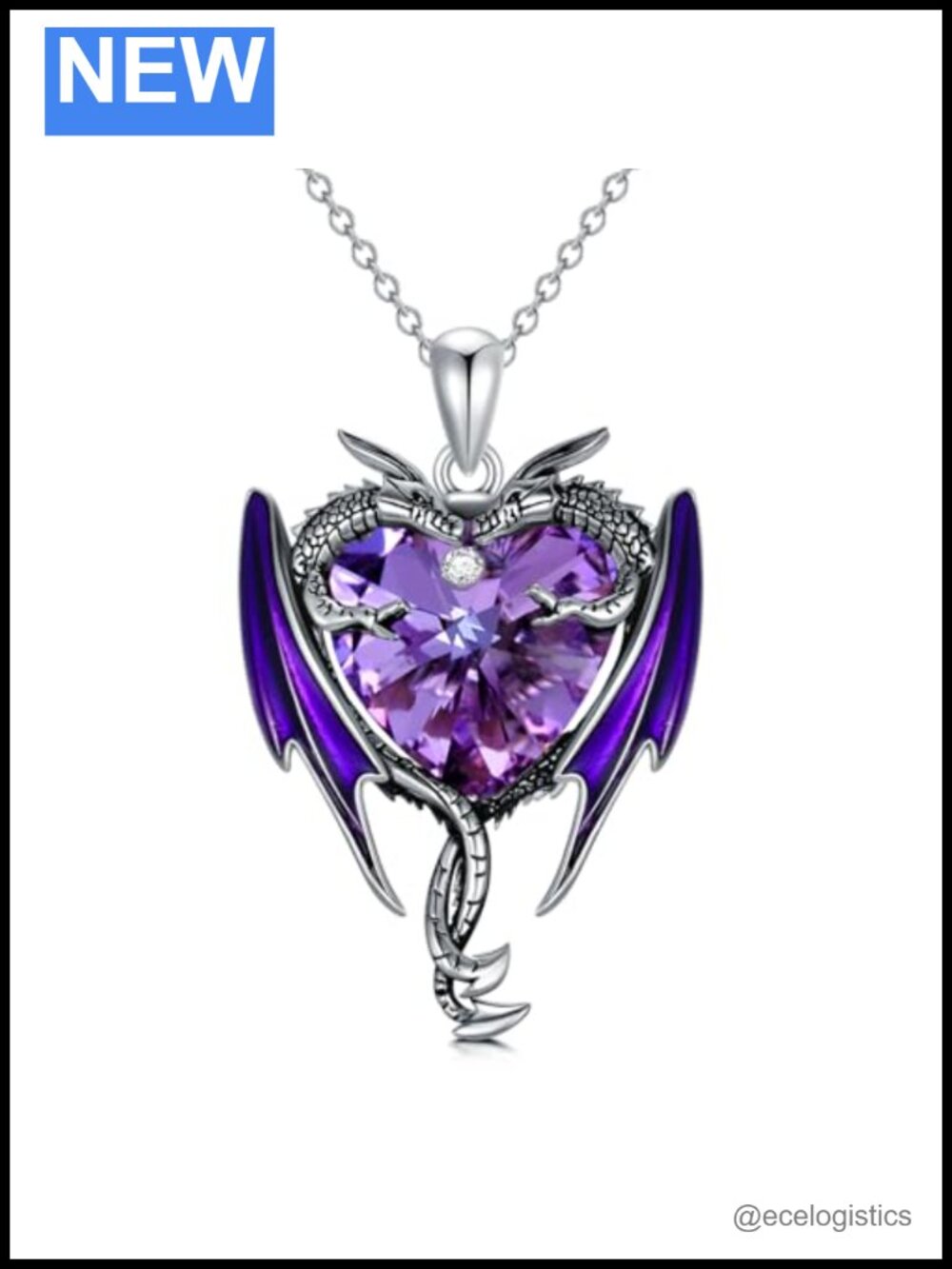 925 Sterling Silver Crystal Dragon Pendant Necklace, Amethyst